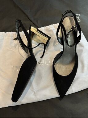 Stuart Weitzman Black Suede Pointed Slingback Heels with Gold Block Heel